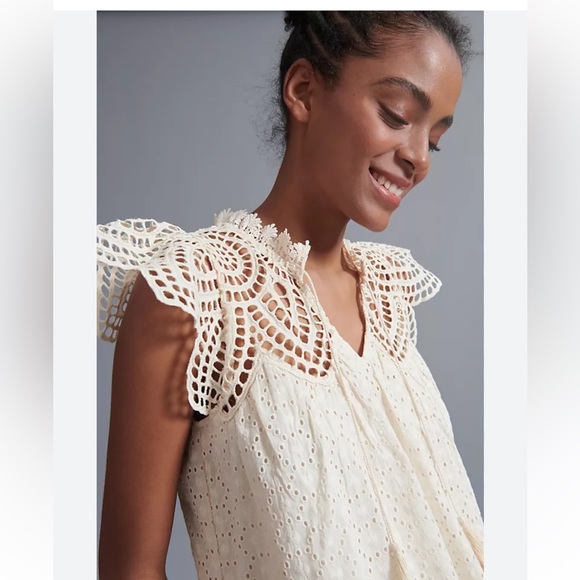 Anthropologie Tops - NWT Anthropologie Blue Tassel Cream Charlize Eyelet Lace Blouse Size 1X